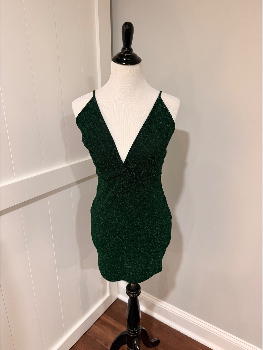 Charlotte Russe Sparkly Green Deep V Neck Mini Dress Large